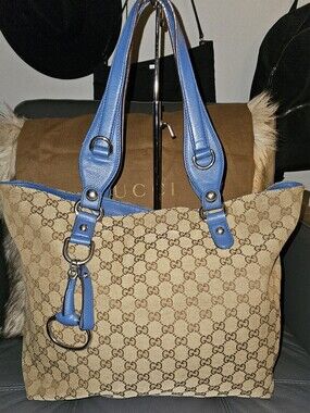 Gucci Beige Monogram Tote with Blue Leather Handles